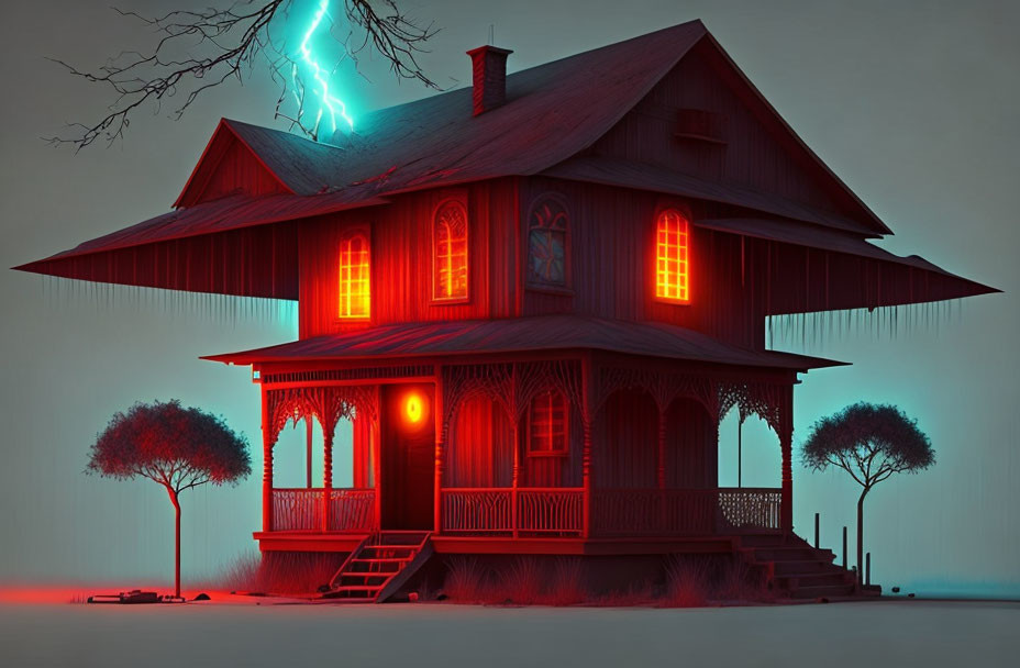 Victorian-style house with red windows in stormy night scene