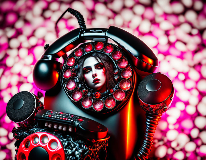 Vintage black rotary phone with stylized female face dial on pink bokeh background