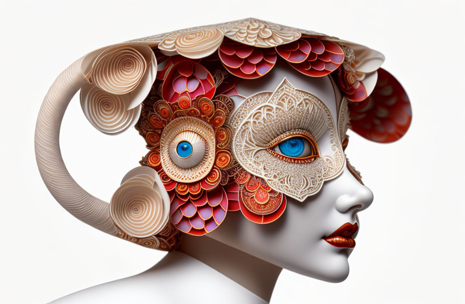 Elaborate surreal portrait with floral patterns and ram's horn