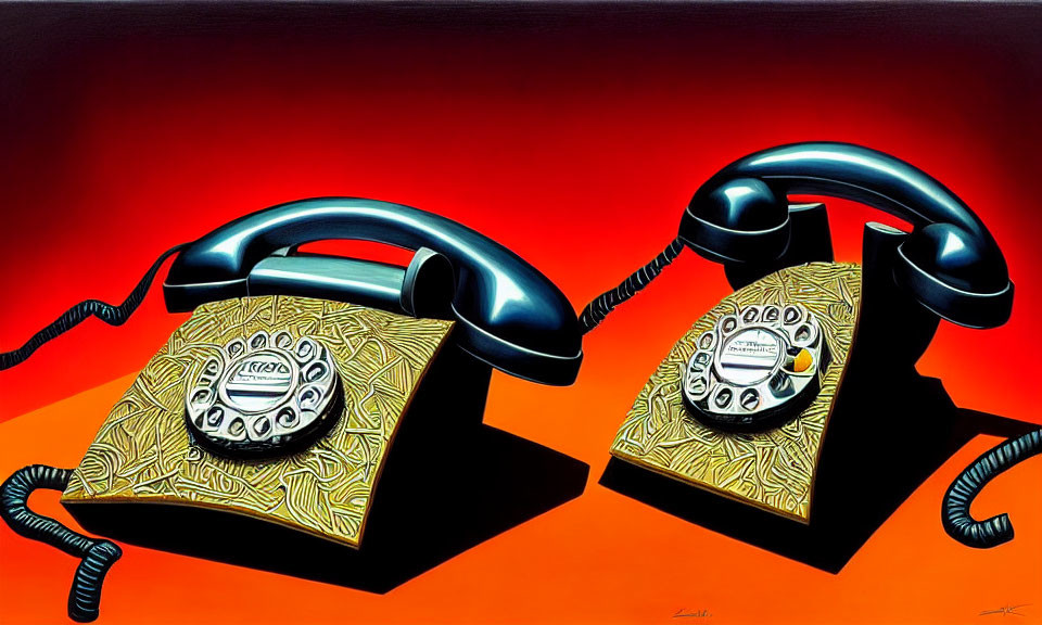 Vintage Black Rotary Dial Telephones on Red-Orange Background