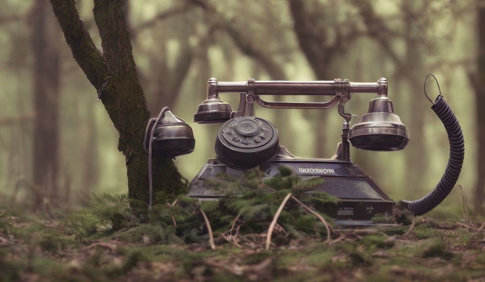 Vintage rotary telephone handset on forest floor near tree trunk in misty woodland.