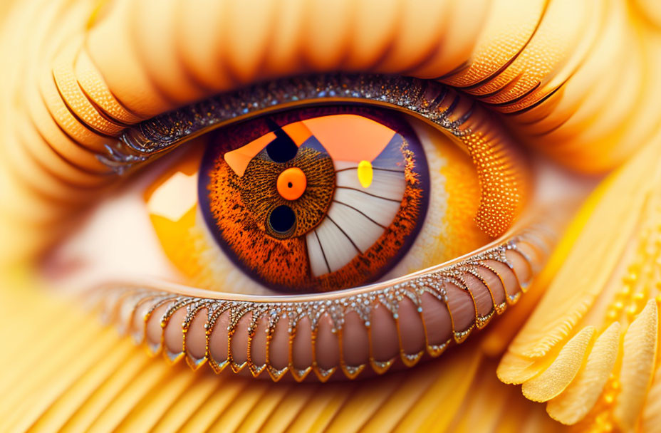 Highly detailed stylized robotic eye with orange and gold mechanical parts