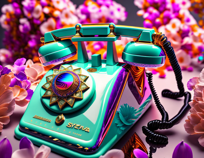 Colorful retro-style telephone with ornate details and flowers backdrop