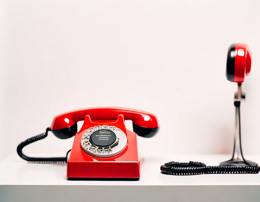 Vintage Red Rotary Phone Off Hook on White Surface