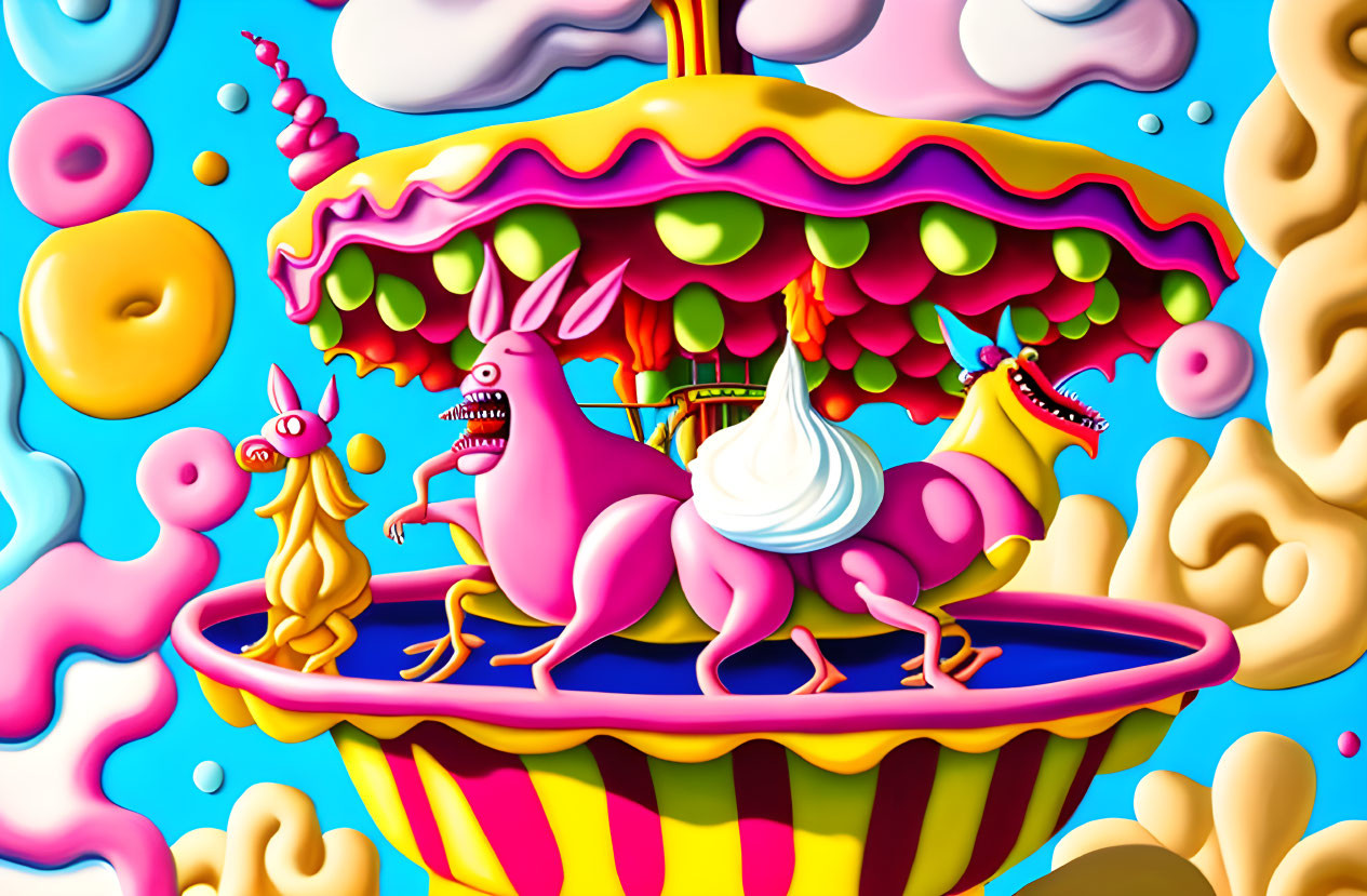 Colorful surreal scene: anthropomorphic creatures in whimsical carousel surrounded by floating desserts.