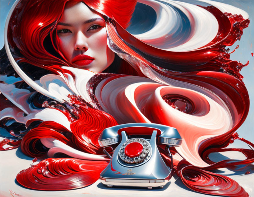 Colorful digital artwork: Woman with red hair and abstract swirls next to rotary phone