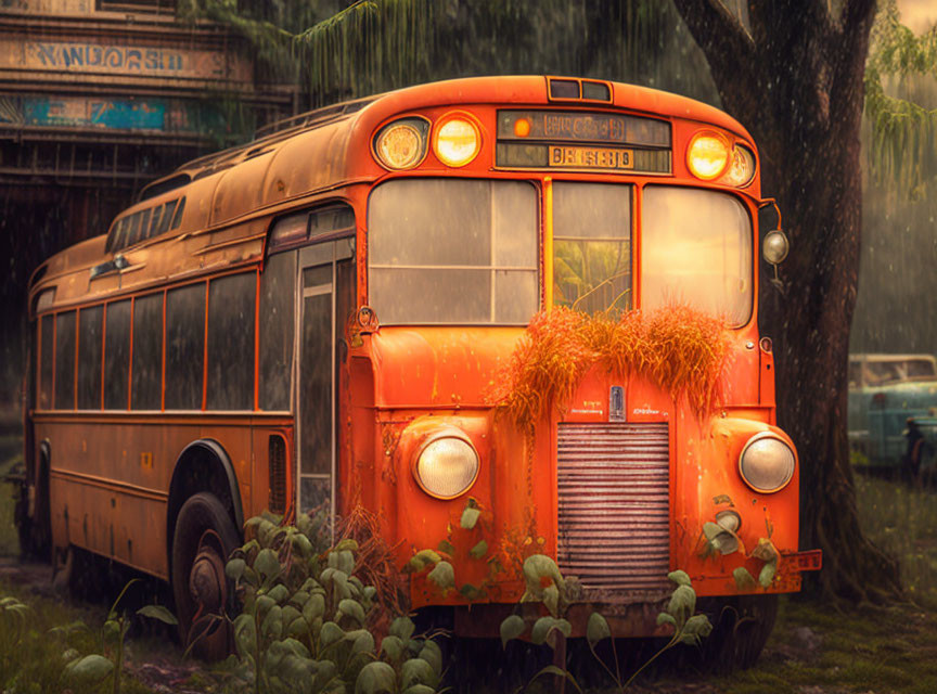 Abandoned vintage orange bus overtaken by plants in rain shower