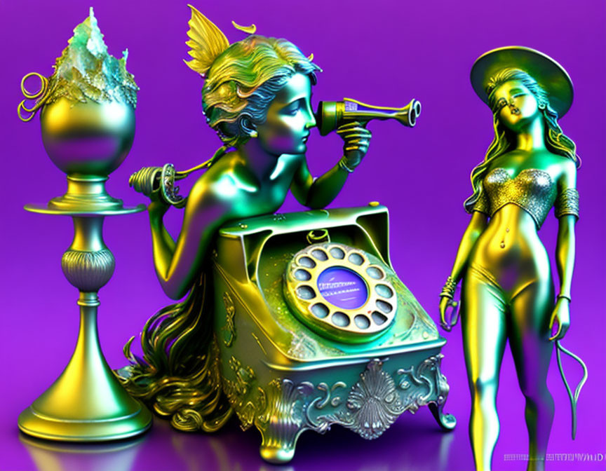 Colorful artwork with telephone, crystal goblet, metallic green figures.