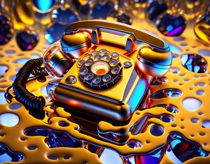 Golden rotary telephone with black cord and spheres on blue background