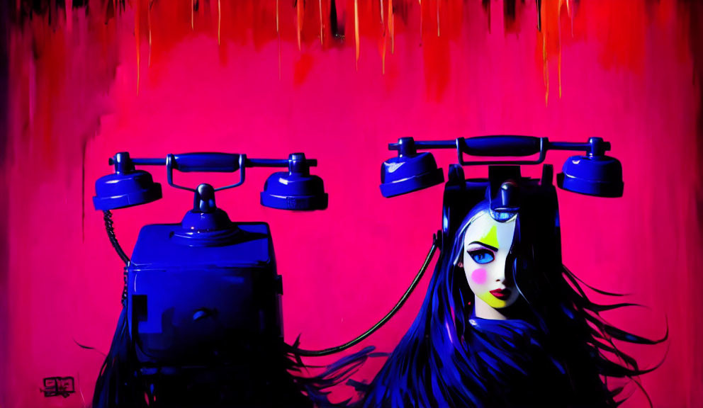 Surreal illustration of floating phone parts above female robot on red background