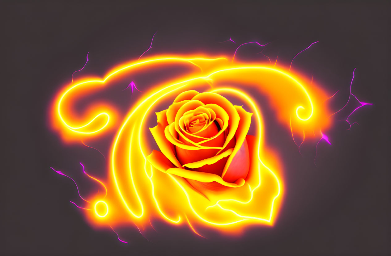 Vibrant orange rose with swirling patterns and purple electricity on dark background