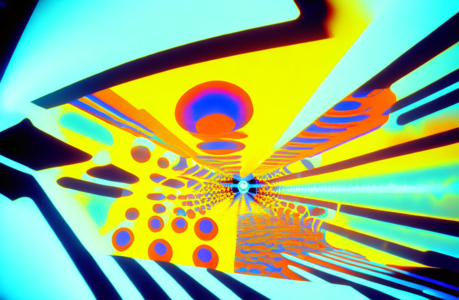 Central vanishing point in abstract digital art with warm yellow and blue gradients, spherical shapes, and tunnel