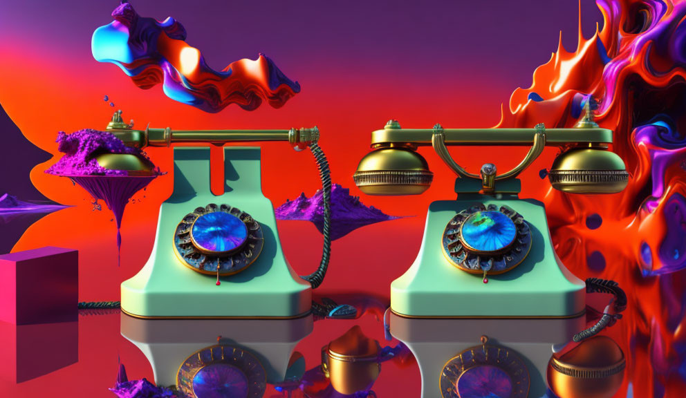 Vintage turquoise telephones on surreal purple islands with flames and fluid shapes on red-purple gradient.