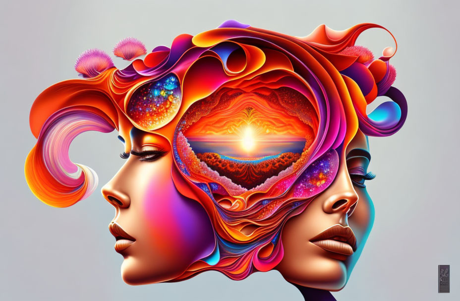 Surreal digital artwork of two female faces with flowing hair in cosmic scene