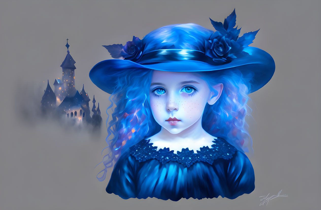 Young girl with blue hair and eyes in blue hat with roses, misty castle background