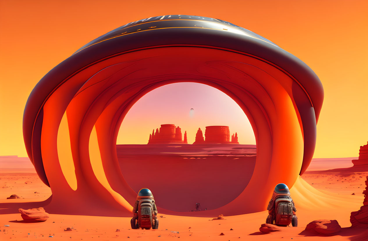 Futuristic arches in desert landscape at sunset with vehicles and rock formations