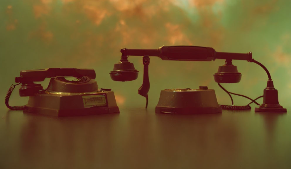 Vintage rotary telephone and old-fashioned desk lamp on amber-lit smoke background.