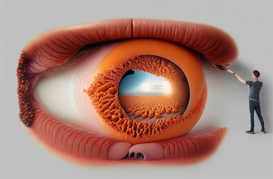 Surreal image of person touching massive eye with desert reflection