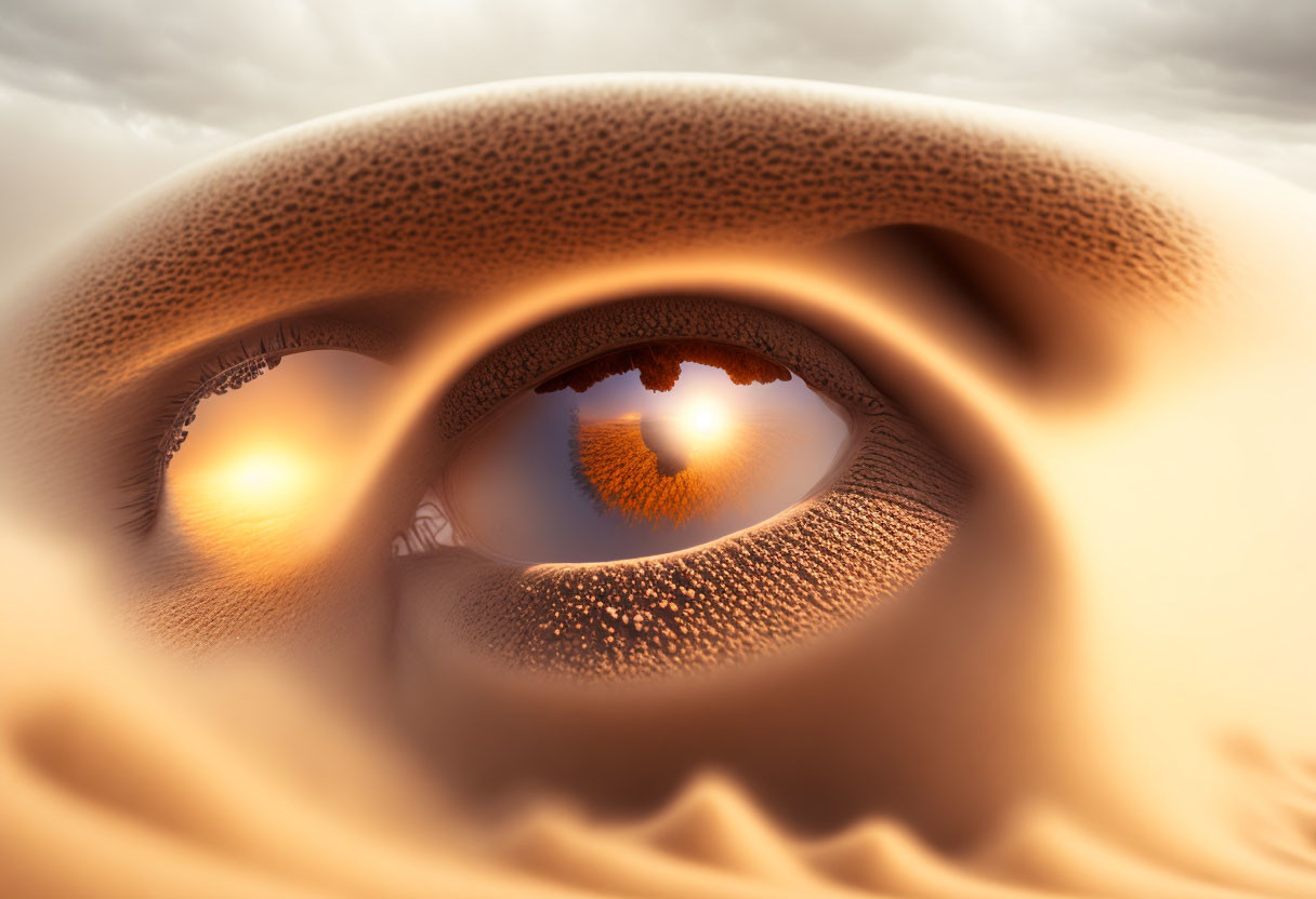 Human eye reflecting desert landscape with orange sun