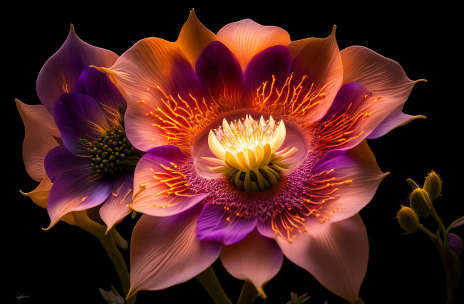 Detailed purple and orange flower on black background