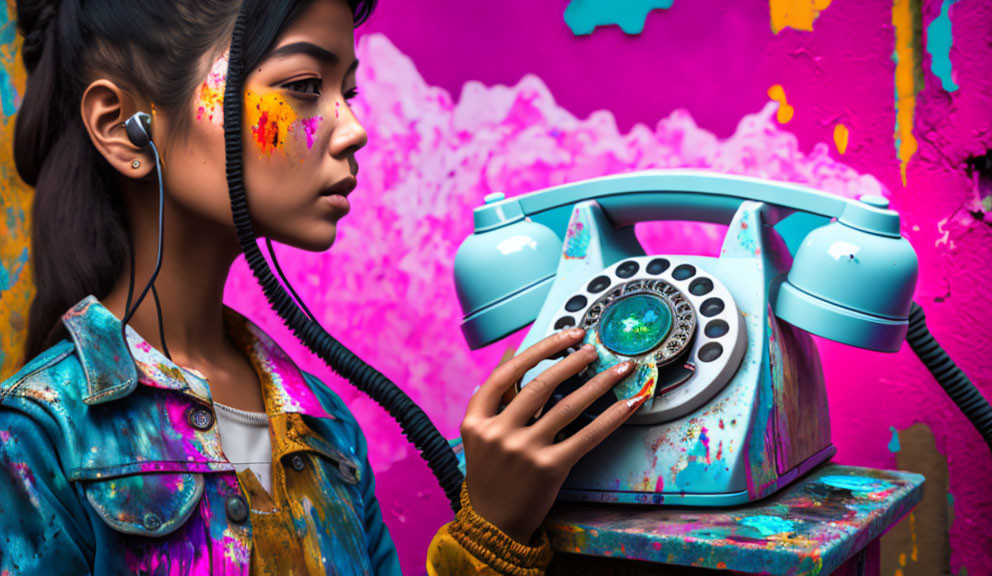 Colorful Painted Girl Holding Retro Turquoise Telephone Cord on Vibrant Splattered Background