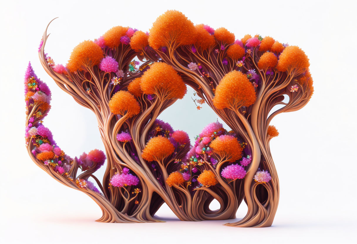 Whimsical digital art: Intertwined tree trunks, orange and purple foliage