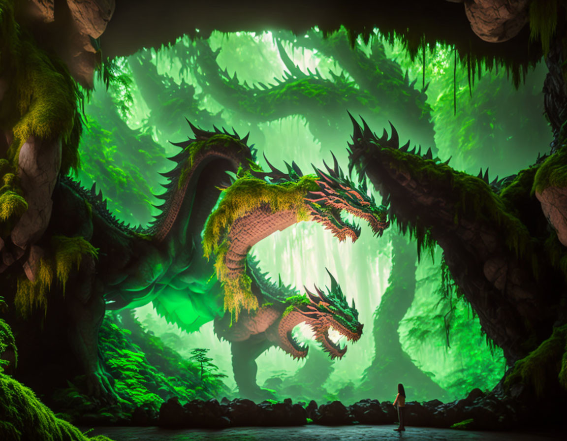 Person faces multi-headed dragon in green-lit cavern