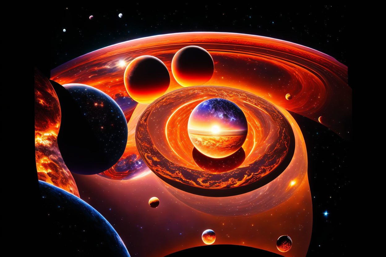 Cosmic digital art featuring vibrant planets and glowing rings