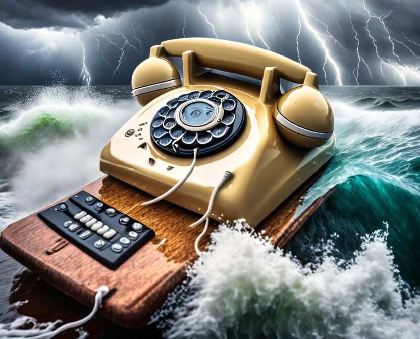 Vintage Rotary Telephone on Wooden Platform Amid Ocean Waves and Lightning