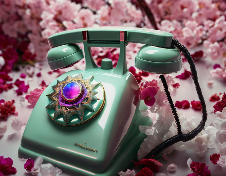 Vintage Teal Rotary Phone with Pink Gem Centerpiece and Cherry Blossoms on Light Background