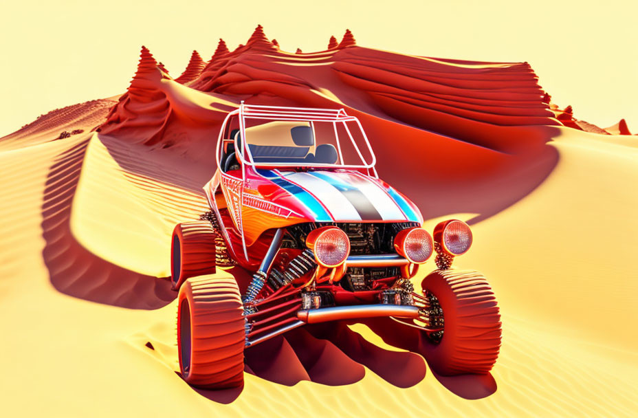 Red dune buggy with blue and white stripes on desert sand dunes