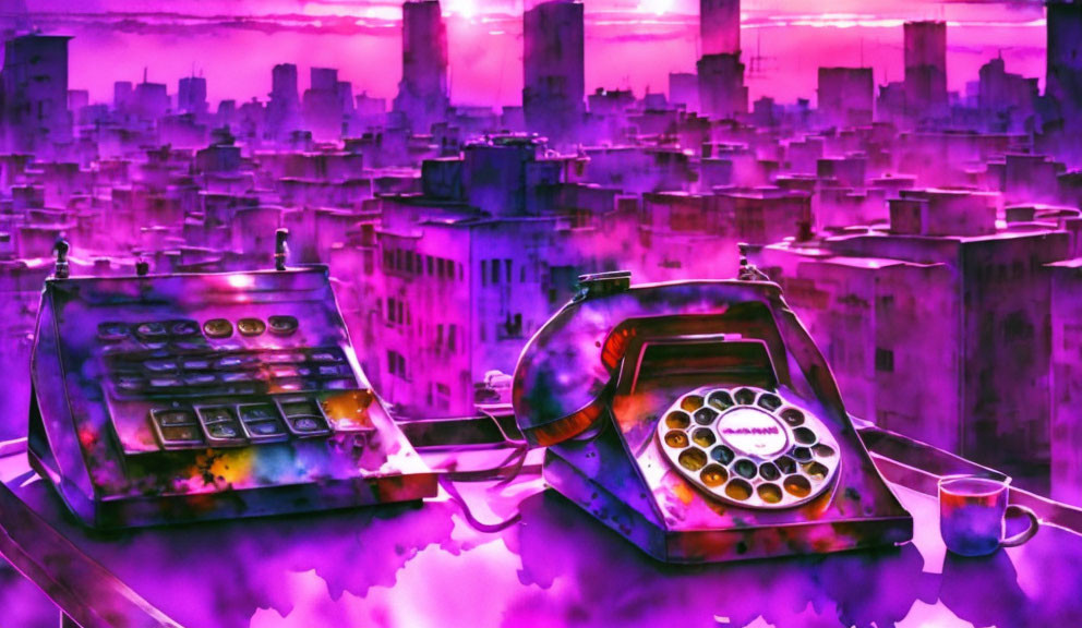 Colorful neon artwork: old-fashioned telephone, cash register, reflective surface, blurry cityscape.