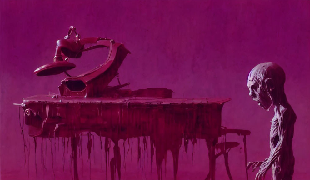 Eerie pink-toned image of alien figure by futuristic desk