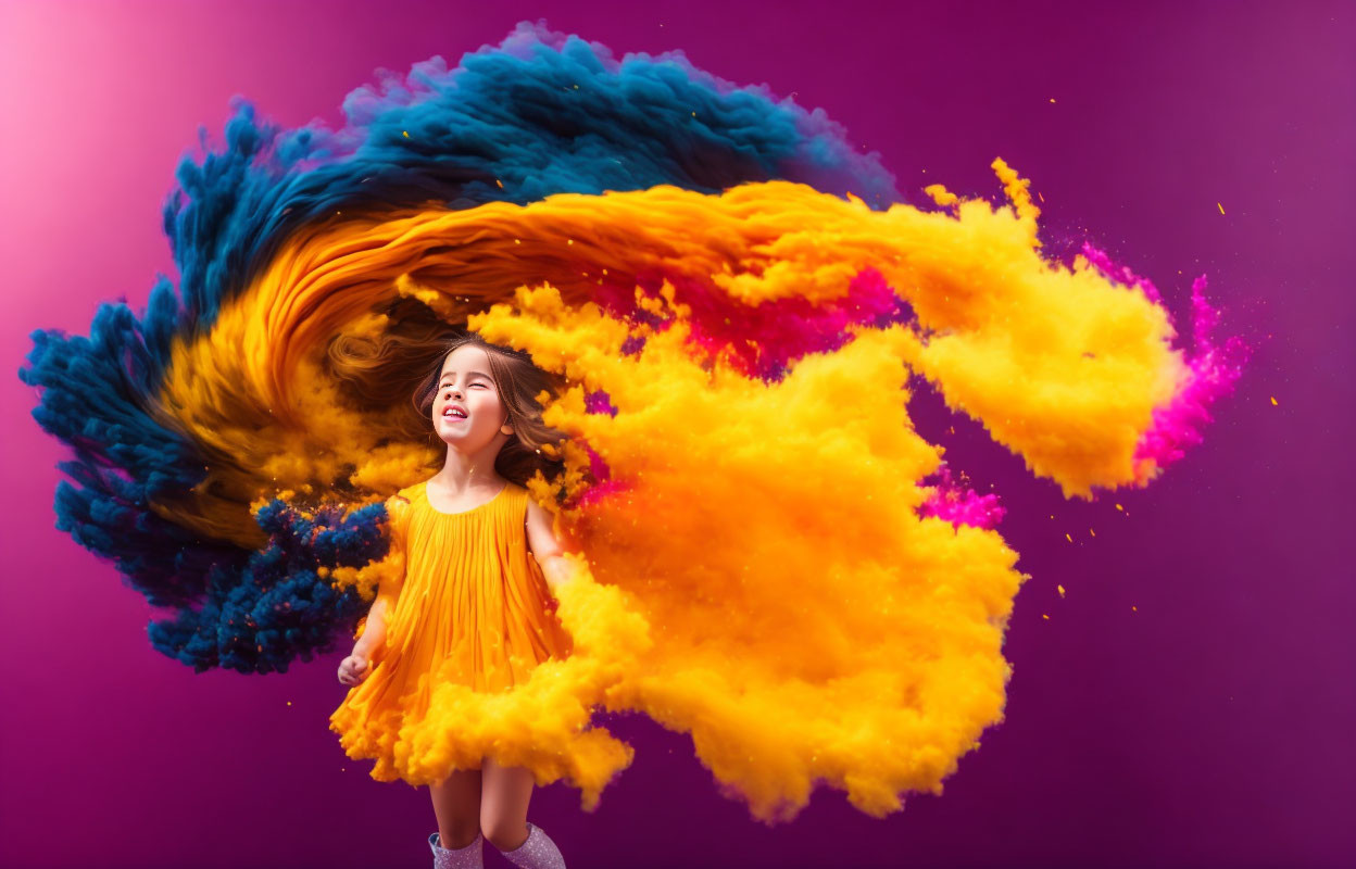 Colorful Powder Explosion Surrounding Joyful Girl in Yellow Dress