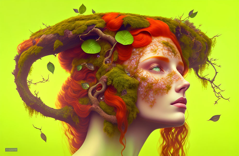 Surreal illustration of woman with red hair and greenery forming horn shape