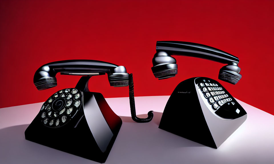 Vintage black rotary dial telephones with handsets off cradles on red and white background