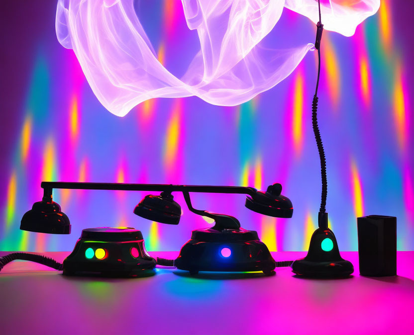 Colorful LED Retro Phones on Vibrant Striped Background with Swirling Fabric