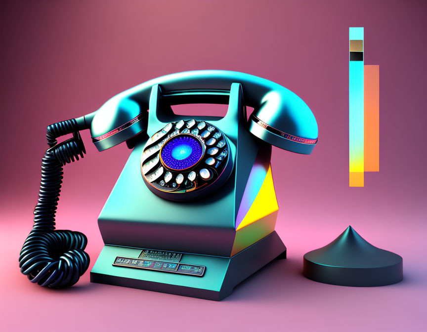 Retro-futuristic illuminated rotary dial telephone on pink background