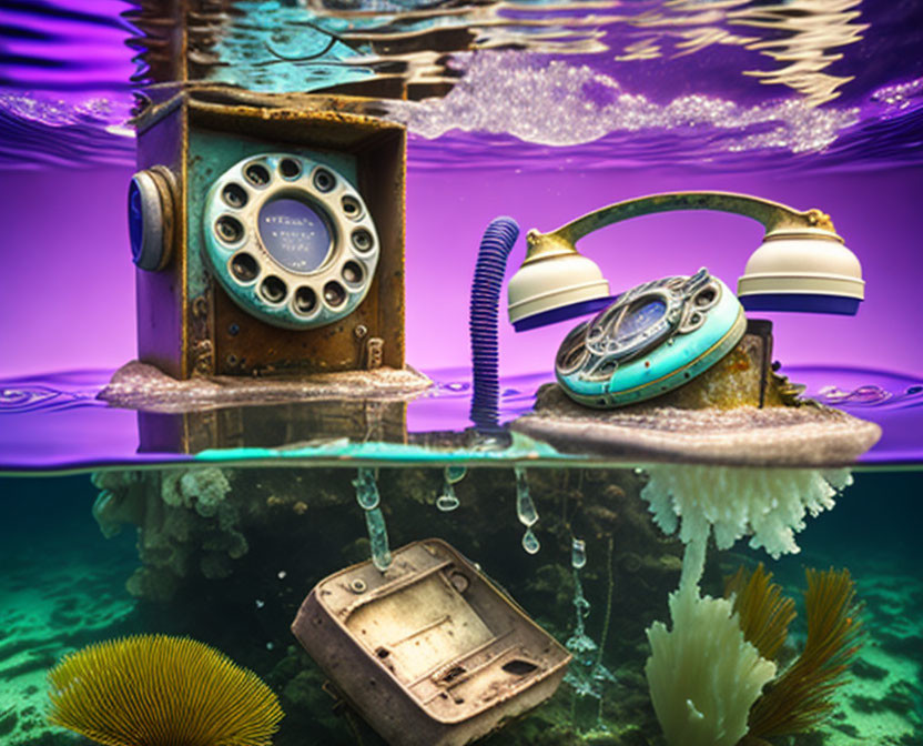 Vintage rotary phone and modern telephone with marine life, submerged briefcase