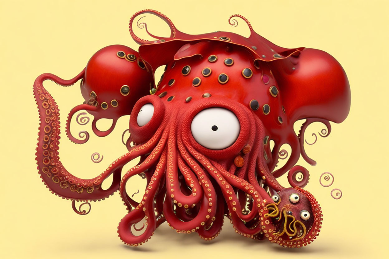 Red Octopus with Large Eye and Gold-Trimmed Suckers on Yellow Background