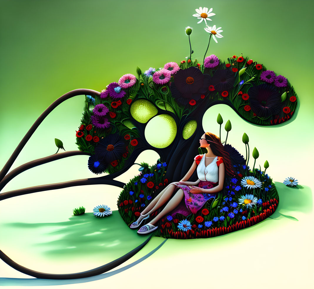 Vibrant surreal artwork: woman under flower tree in colorful fantasy landscape