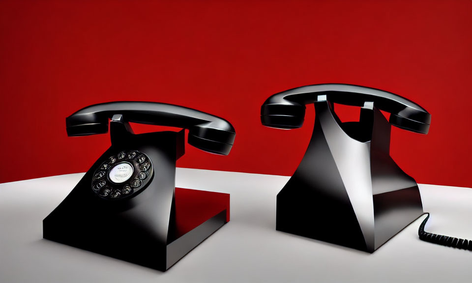 Vintage Rotary Dial Telephones with Lifted Handsets on Red Background