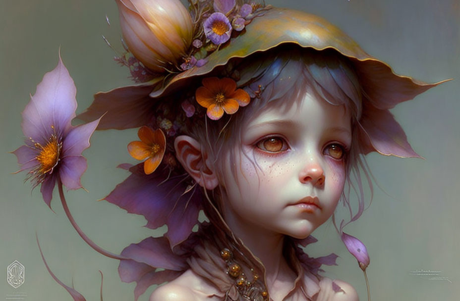 Whimsical child with lily pad hat in vibrant digital art