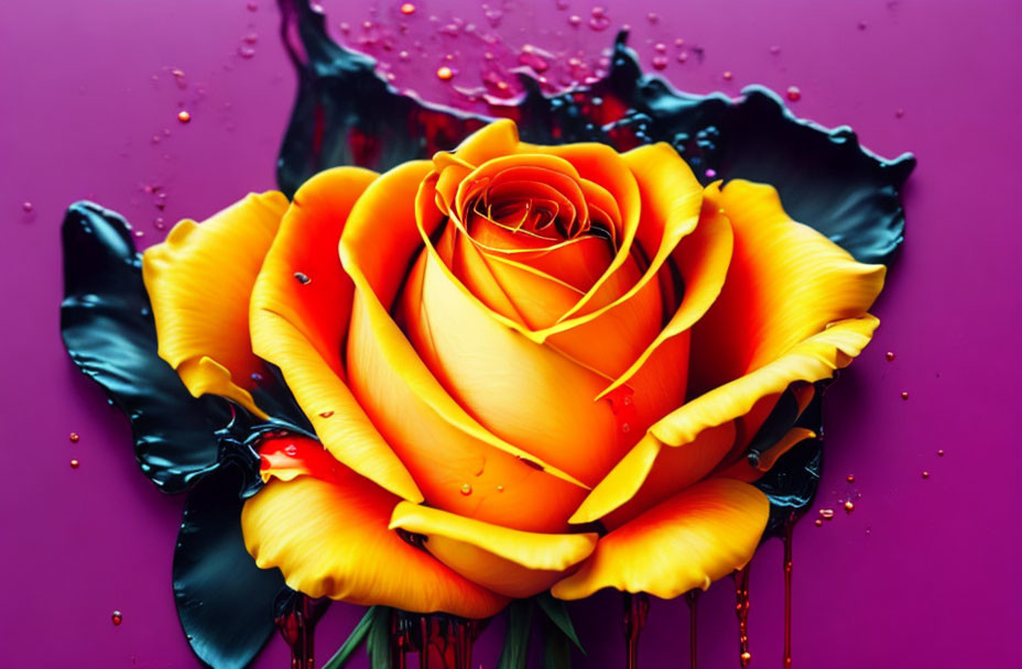 Yellow Rose with Red-Tipped Petals on Purple Background