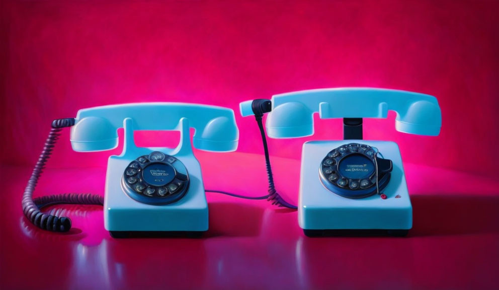 Vintage pink and blue rotary dial telephones on red and purple gradient backdrop