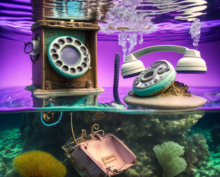 Vintage rotary telephones in underwater scene with corals and floating bubbles