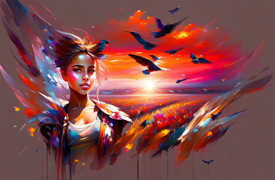 Colorful digital artwork of woman with wing-like extensions filled with birds, flowers, and sunset.