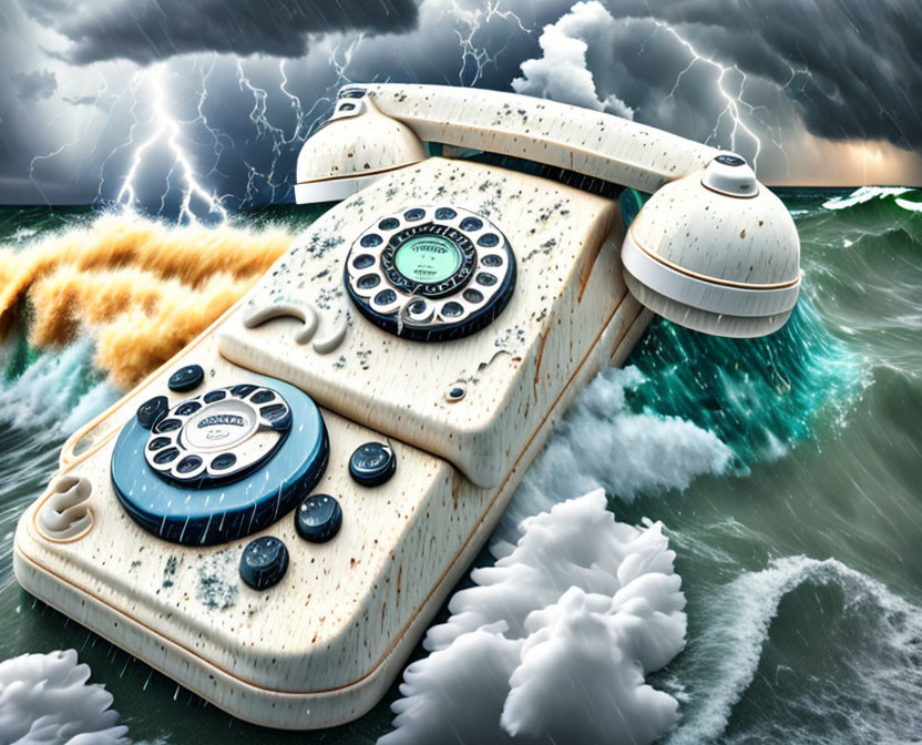 Vintage rotary phone adrift in stormy ocean with lightning bolts