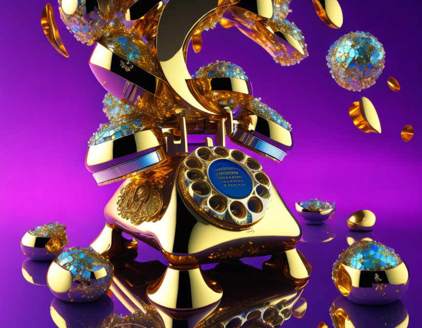 Luxurious Golden Rotary Phone with Surreal Elements and Crystal Spheres