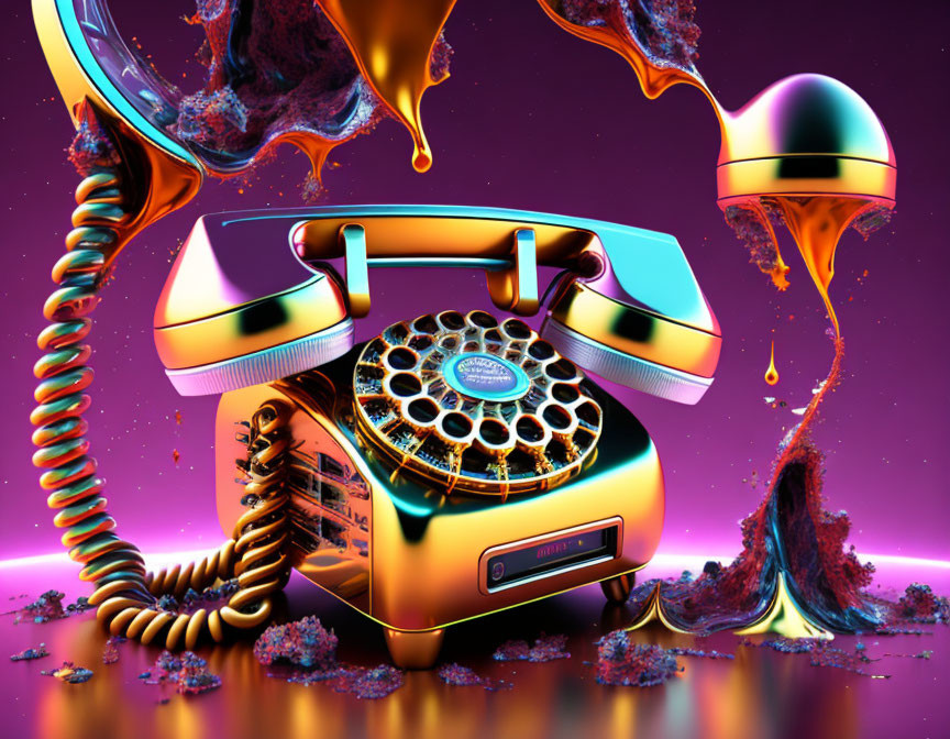 Colorful Surreal Illustration: Vintage Rotary Phone Melting in Vibrant Landscape